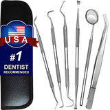 Dental Tools, 6 Pack Teeth Cleaning Tools Stainless Steel Dental Scraper Tooth Pick Hygiene Set with Mouth Mirror, Tweezer Kit for Dentist, Family Oral Care, Dogs - With Leather Case - wooelnet