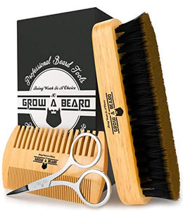 Beard Brush & Comb Set for Men's Care | Christmas Giveaway Mustache Scissors | Gift Box & Travel Bag | Best Bamboo Grooming Kit to Distribute Balm or Oil for Growth & Styling | Adds Shine & Softness - wooelnet