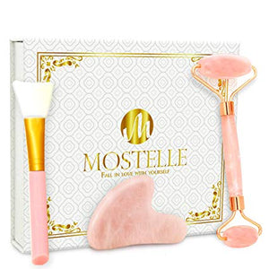 Rose Quartz Roller for Face, Gua Sha Facial Massager & Facial Mask Brush Tools Set - Anti Aging, Eye Puffiness, Neck Slimming Skin Care Tool - Durable & Natural Jade Roller Alternative by Mostelle - wooelnet